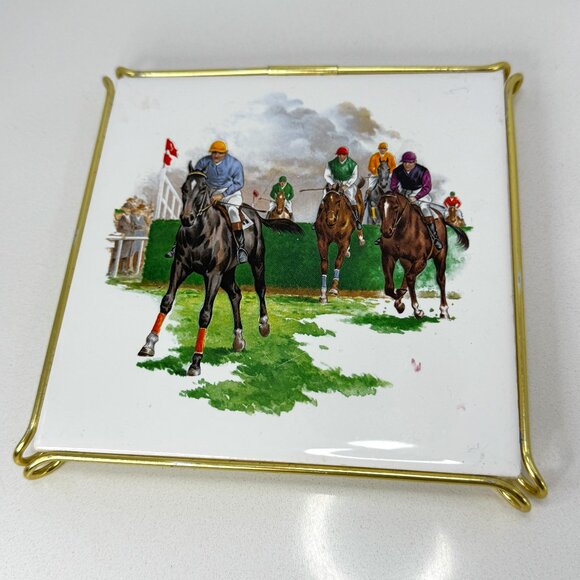 Vintage VB Equestrian Square Ceramic Tile Trivet Horse Jokey Polo Metal Stand - Picture 1 of 6